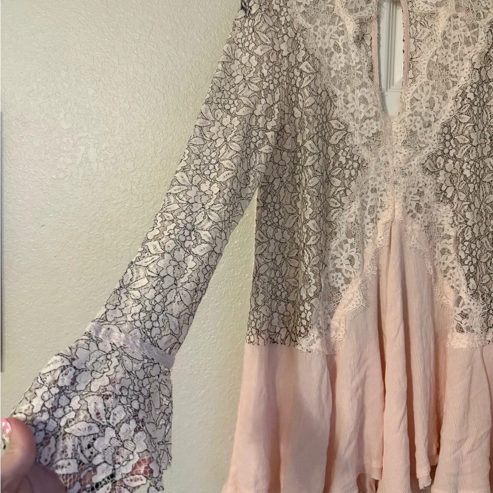Free People Pink and Cream Lace Blouse